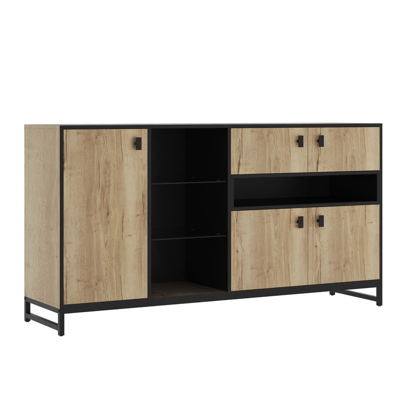 Buffet industriel effet bois et noir, verre trempée, éclairage LED 160x40x84,5cm NOBLEION