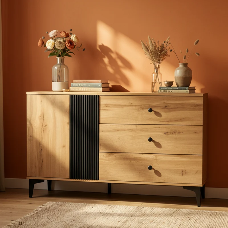 Buffet effet bois et noir avec rangements, pieds métal noir 120x35x76cm VIVIDICA