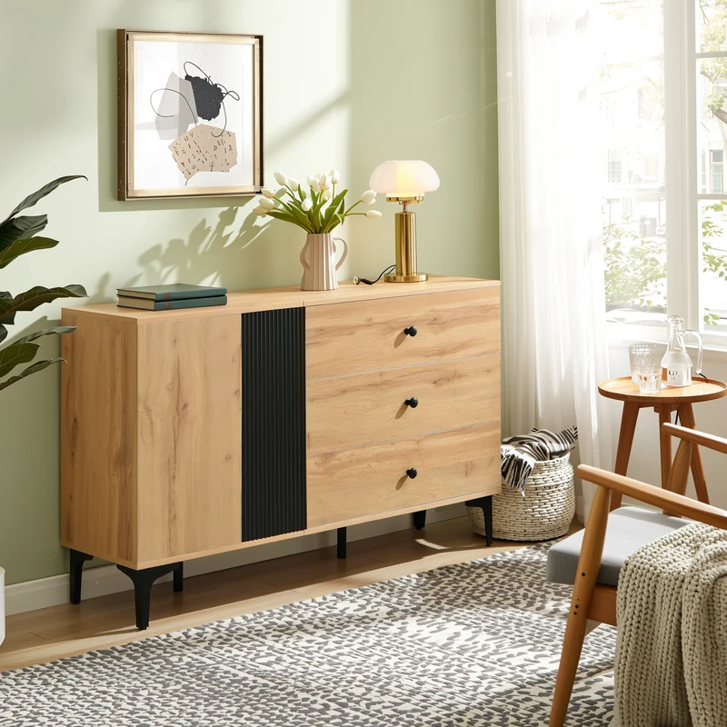 Buffet effet bois et noir avec rangements, pieds métal noir 120x35x76cm VIVIDICA