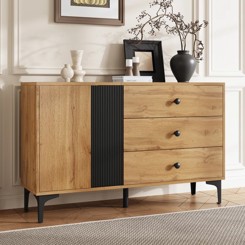 Buffet effet bois et noir avec rangements, pieds métal noir 120x35x76cm VIVIDICA