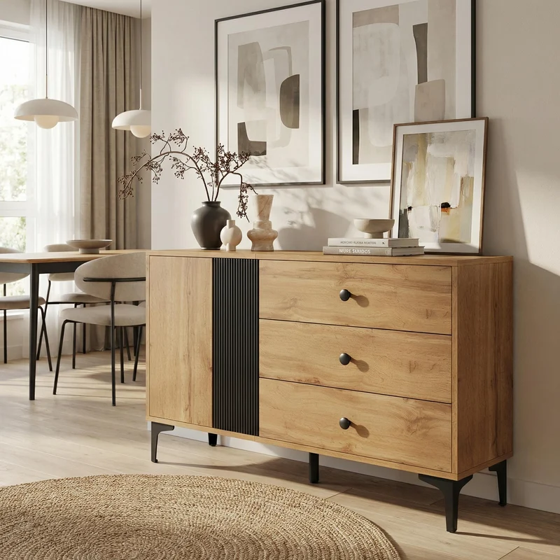 Buffet effet bois et noir avec rangements, pieds métal noir 120x35x76cm VIVIDICA