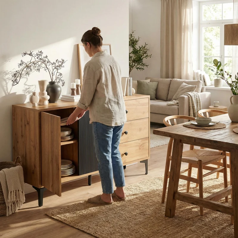 Buffet effet bois et noir avec rangements, pieds métal noir 120x35x76cm VIVIDICA