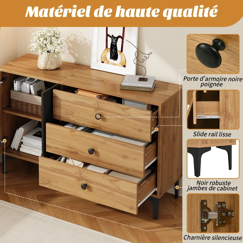 Buffet effet bois et noir avec rangements, pieds métal noir 120x35x76cm VIVIDICA