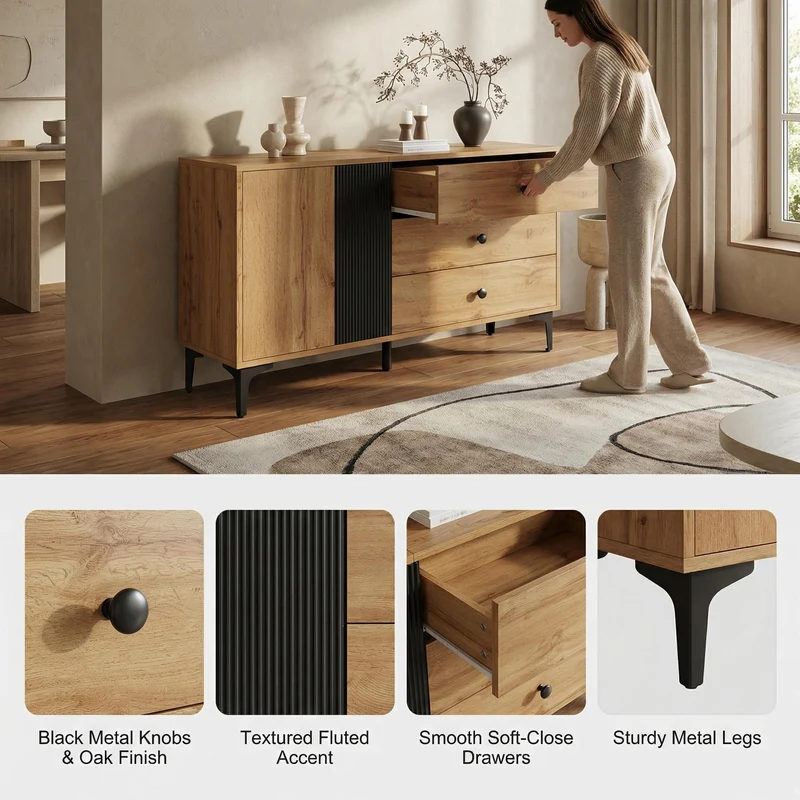 Buffet effet bois et noir avec rangements, pieds métal noir 120x35x76cm VIVIDICA