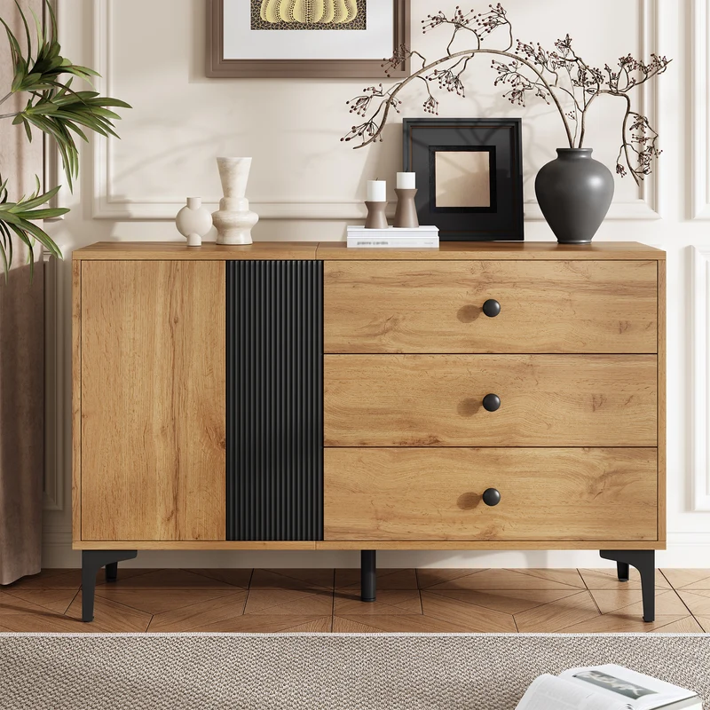 Buffet effet bois et noir avec rangements, pieds métal noir 120x35x76cm VIVIDICA