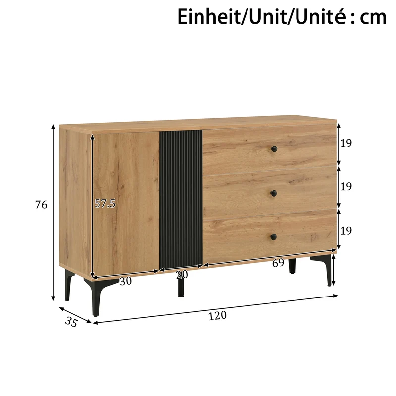 Buffet effet bois et noir avec rangements, pieds métal noir 120x35x76cm VIVIDICA