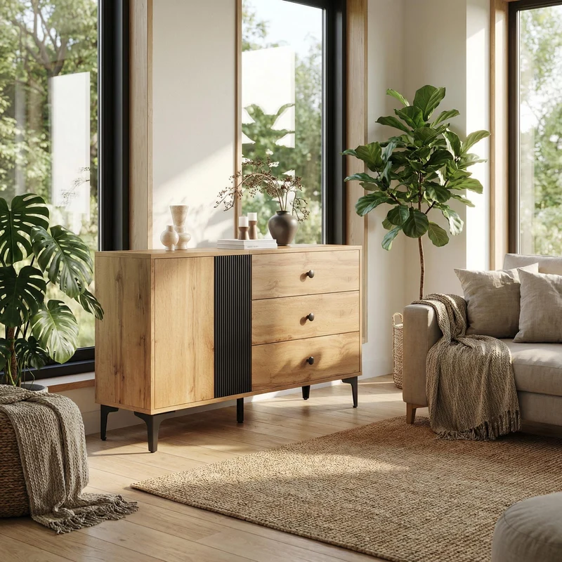 Buffet effet bois et noir avec rangements, pieds métal noir 120x35x76cm VIVIDICA