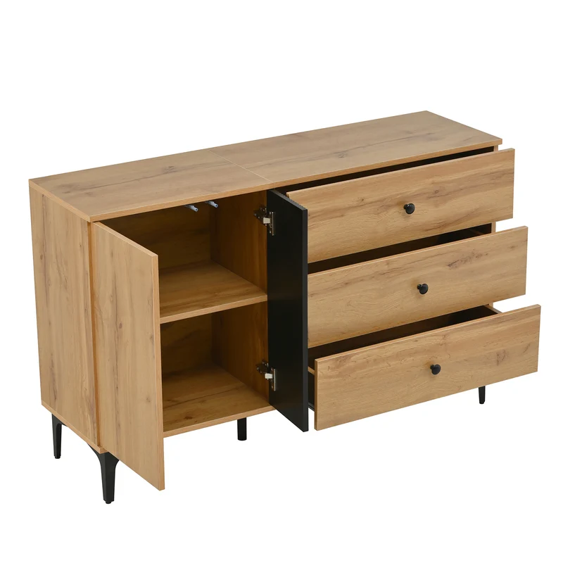 Buffet effet bois et noir avec rangements, pieds métal noir 120x35x76cm VIVIDICA