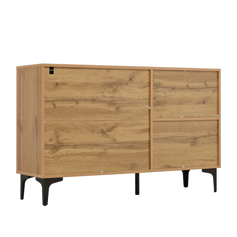 Buffet effet bois et noir avec rangements, pieds métal noir 120x35x76cm VIVIDICA