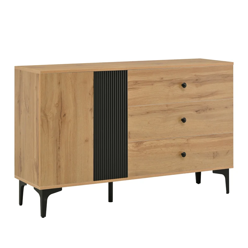 Buffet effet bois et noir avec rangements, pieds métal noir 120x35x76cm VIVIDICA