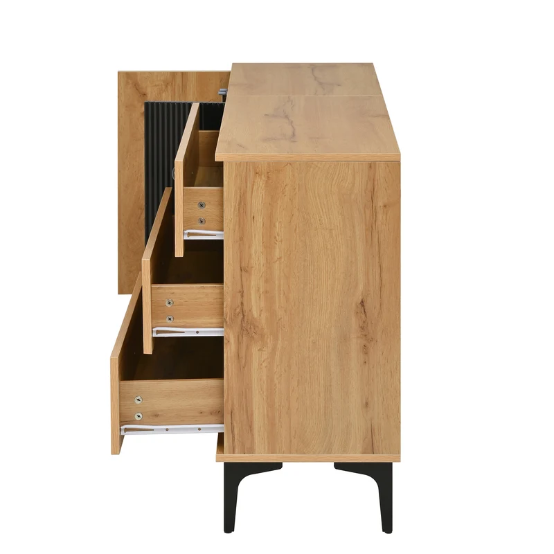 Buffet effet bois et noir avec rangements, pieds métal noir 120x35x76cm VIVIDICA