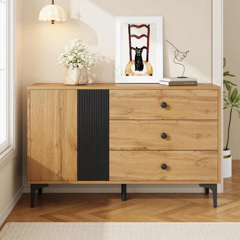 Buffet effet bois et noir avec rangements, pieds métal noir 120x35x76cm VIVIDICA
