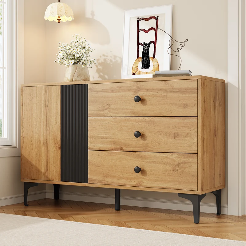 Buffet effet bois et noir avec rangements, pieds métal noir 120x35x76cm VIVIDICA