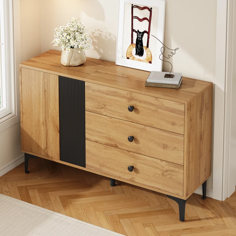 Buffet effet bois et noir avec rangements, pieds métal noir 120x35x76cm VIVIDICA