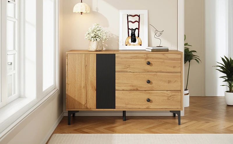 Buffet effet bois et noir avec rangements, pieds métal noir 120x35x76cm VIVIDICA