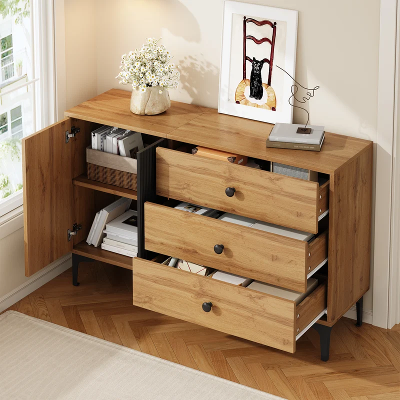 Buffet effet bois et noir avec rangements, pieds métal noir 120x35x76cm VIVIDICA