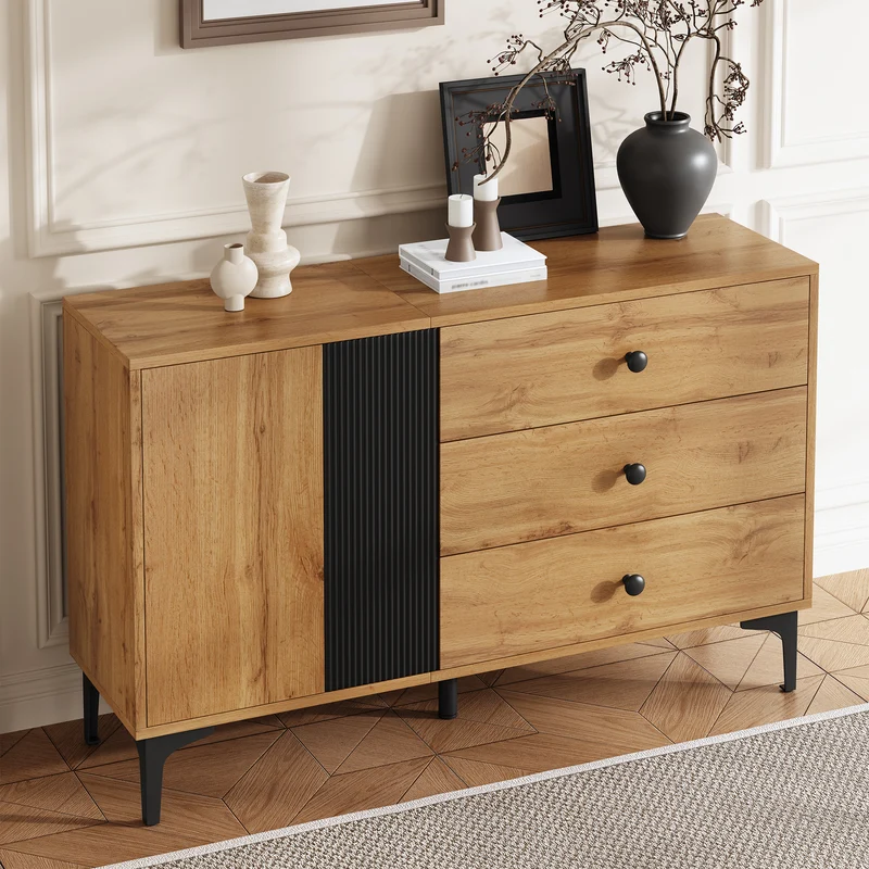 Buffet effet bois et noir avec rangements, pieds métal noir 120x35x76cm VIVIDICA
