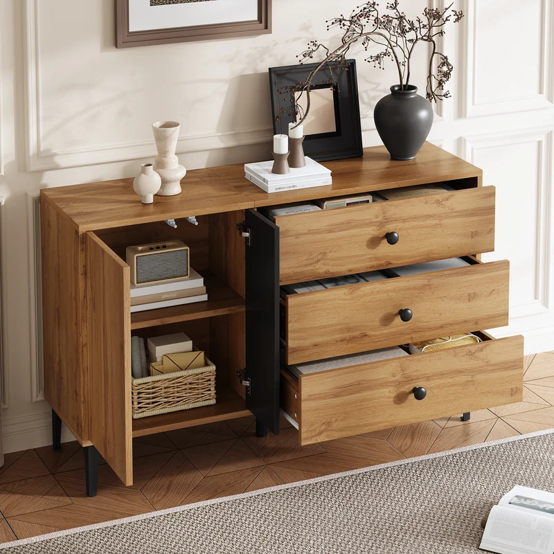 Buffet effet bois et noir avec rangements, pieds métal noir 120x35x76cm VIVIDICA