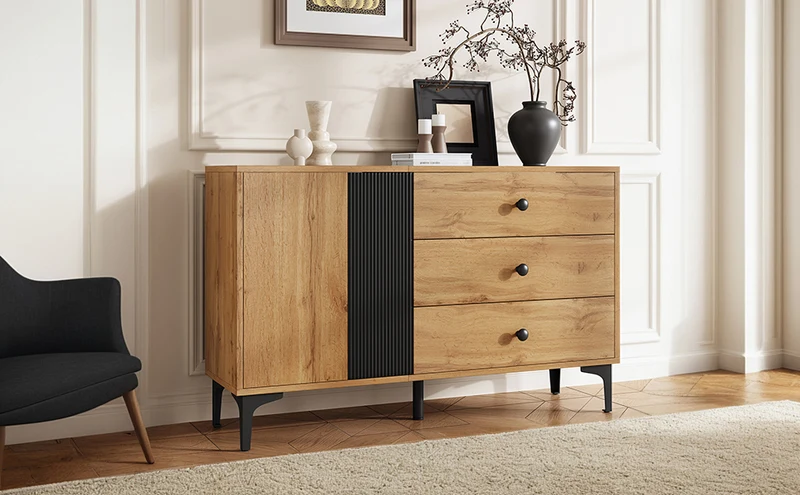 Buffet effet bois et noir avec rangements, pieds métal noir 120x35x76cm VIVIDICA