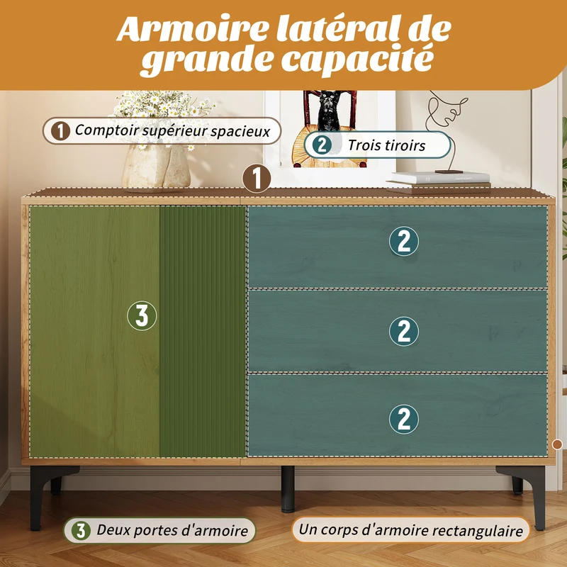 Buffet effet bois et noir avec rangements, pieds métal noir 120x35x76cm VIVIDICA