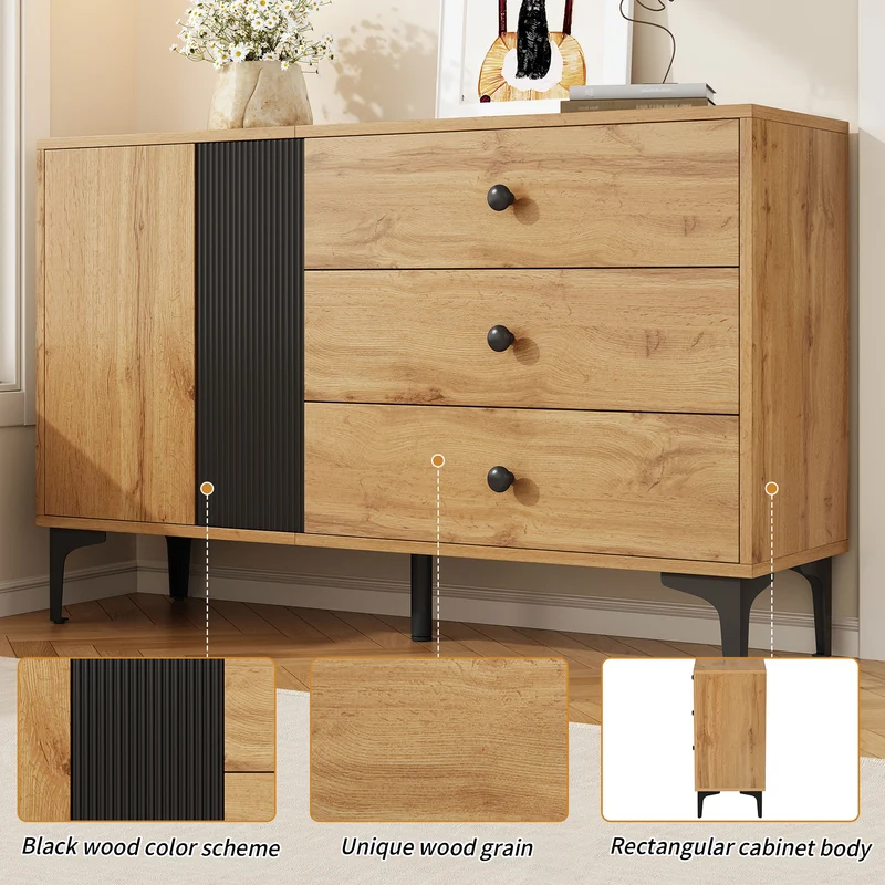 Buffet effet bois et noir avec rangements, pieds métal noir 120x35x76cm VIVIDICA