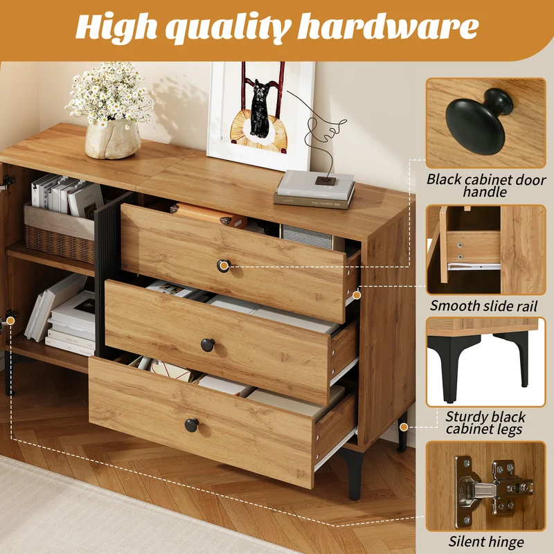Buffet effet bois et noir avec rangements, pieds métal noir 120x35x76cm VIVIDICA