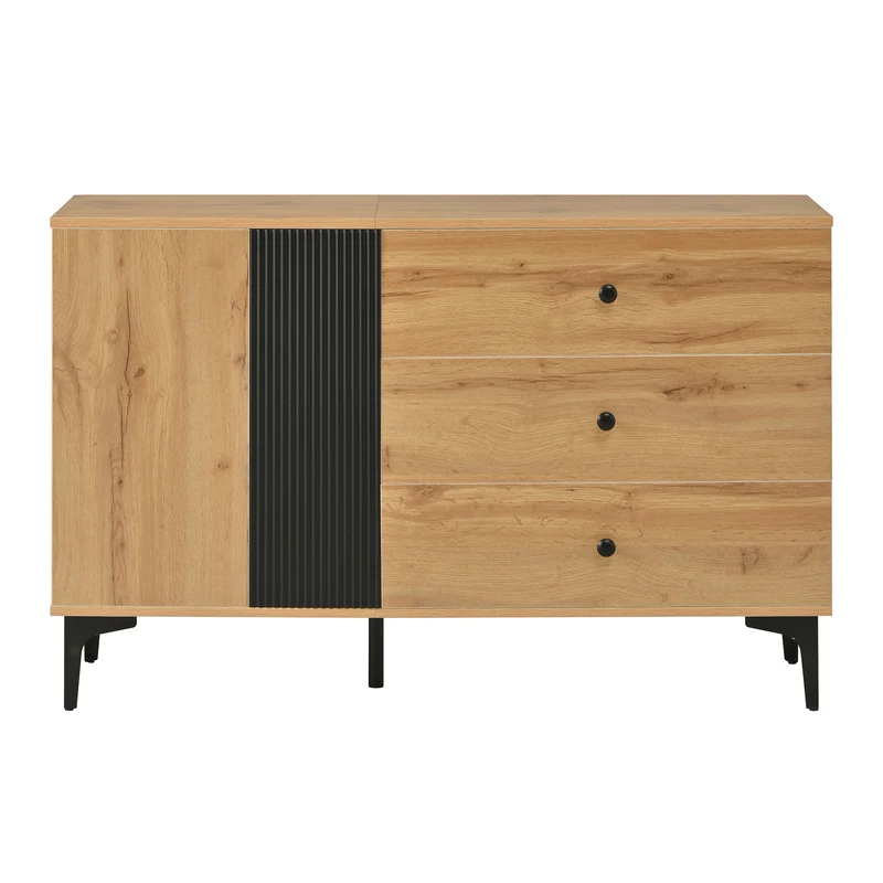 Buffet effet bois et noir avec rangements, pieds métal noir 120x35x76cm VIVIDICA
