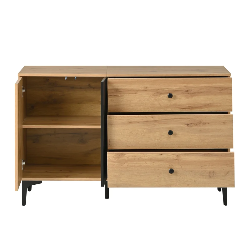Buffet effet bois et noir avec rangements, pieds métal noir 120x35x76cm VIVIDICA