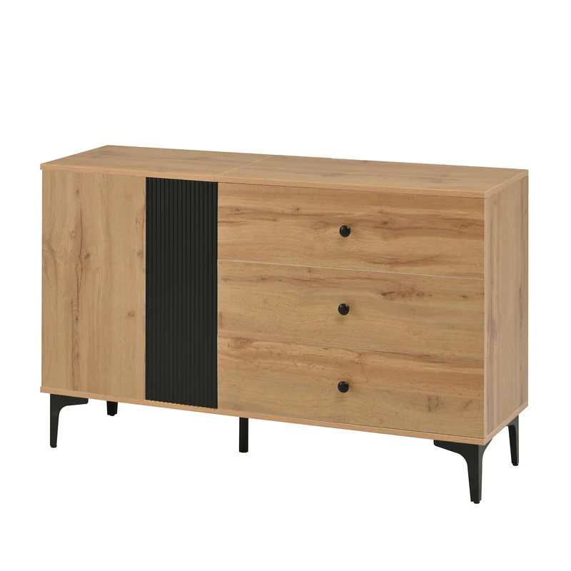 Buffet effet bois et noir avec rangements, pieds métal noir 120x35x76cm VIVIDICA