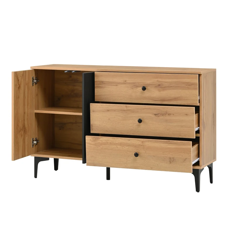 Buffet effet bois et noir avec rangements, pieds métal noir 120x35x76cm VIVIDICA