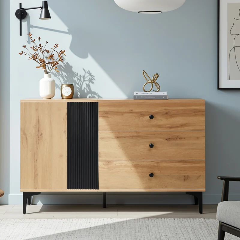 Buffet effet bois et noir avec rangements, pieds métal noir 120x35x76cm VIVIDICA