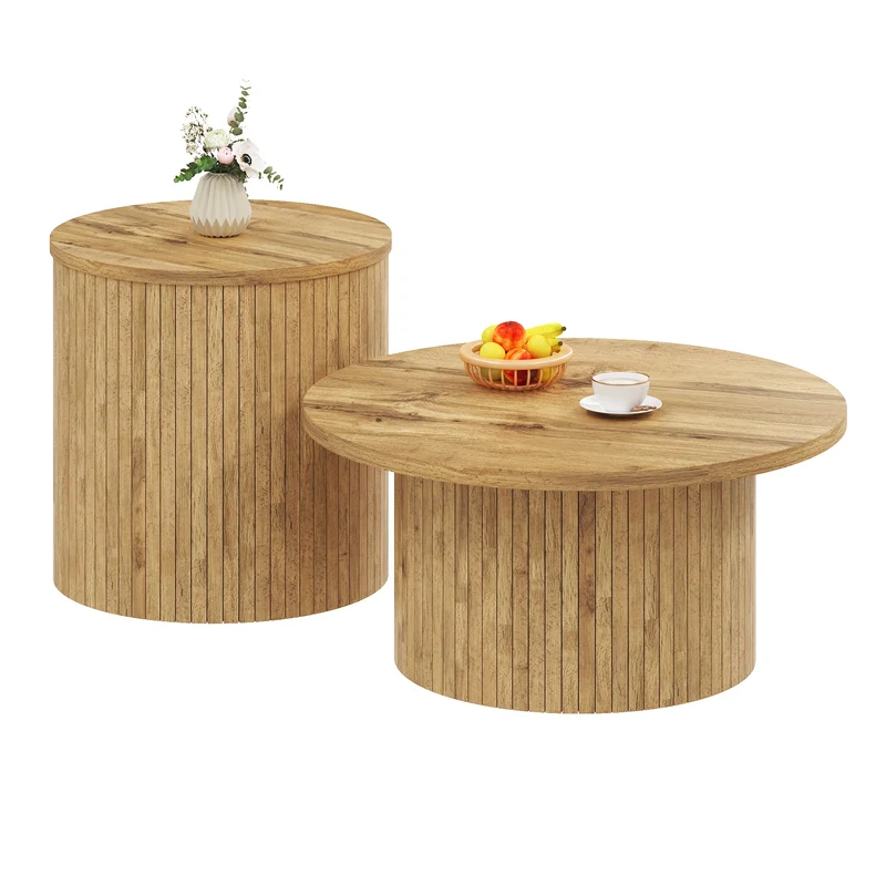 Ensemble de 2 tables basses rondes effet bois naturel base à tasseaux NIMBUSIS