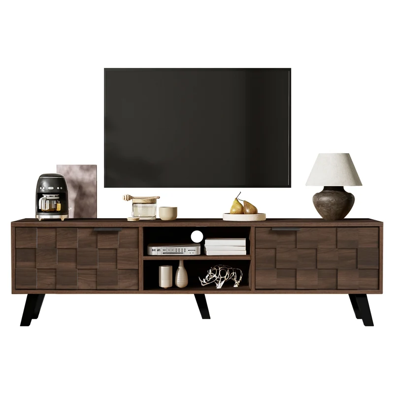 Meuble TV effet bois noyer 2 portes 2 niches design géométrique 160,5x35,5x45cm MASCON
