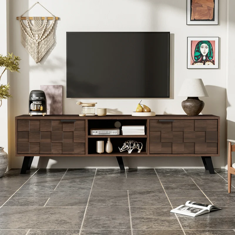 Meuble TV effet bois noyer 2 portes 2 niches design géométrique 160,5x35,5x45cm MASCON
