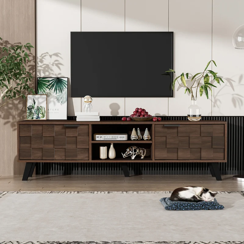 Meuble TV effet bois noyer 2 portes 2 niches design géométrique 160,5x35,5x45cm MASCON