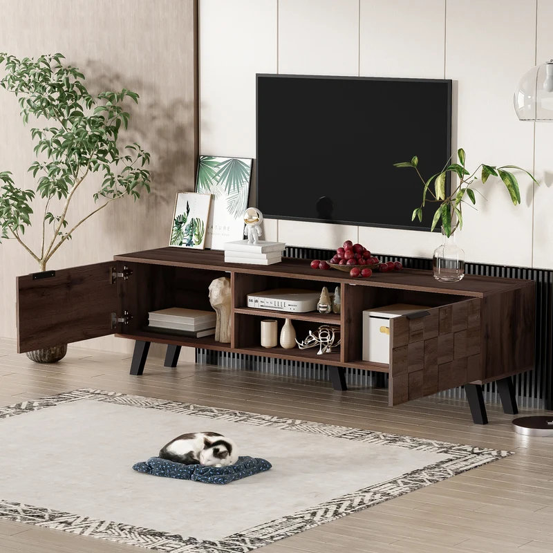Meuble TV effet bois noyer 2 portes 2 niches design géométrique 160,5x35,5x45cm MASCON
