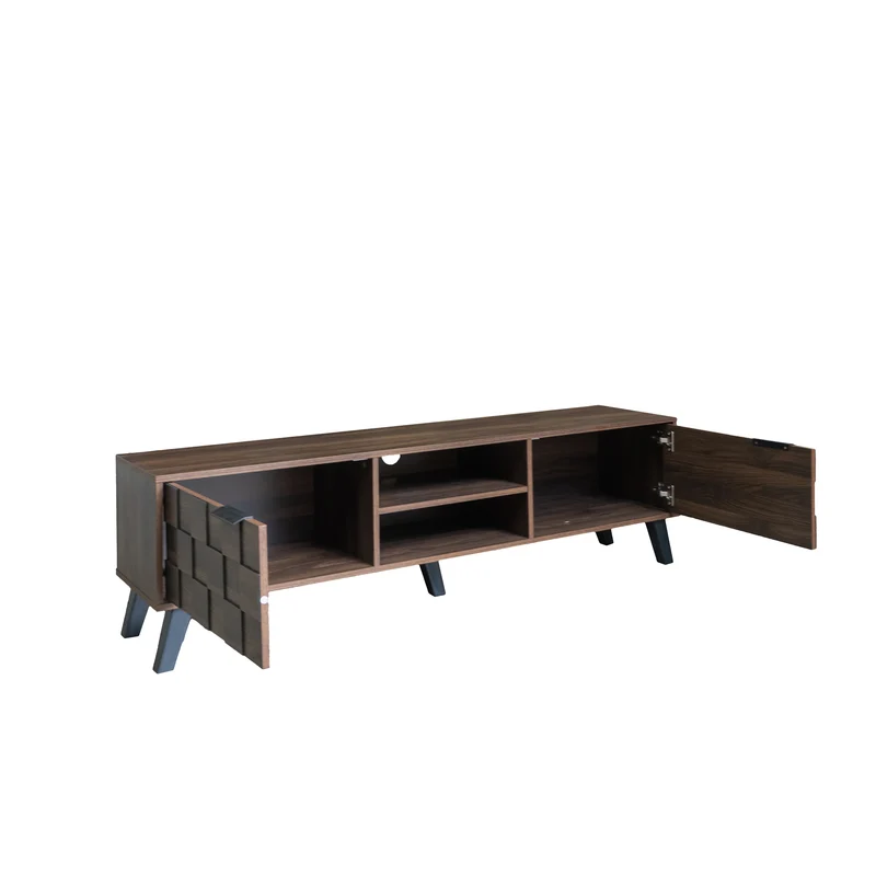 Meuble TV effet bois noyer 2 portes 2 niches design géométrique 160,5x35,5x45cm MASCON