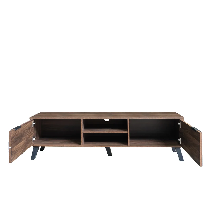 Meuble TV effet bois noyer 2 portes 2 niches design géométrique 160,5x35,5x45cm MASCON