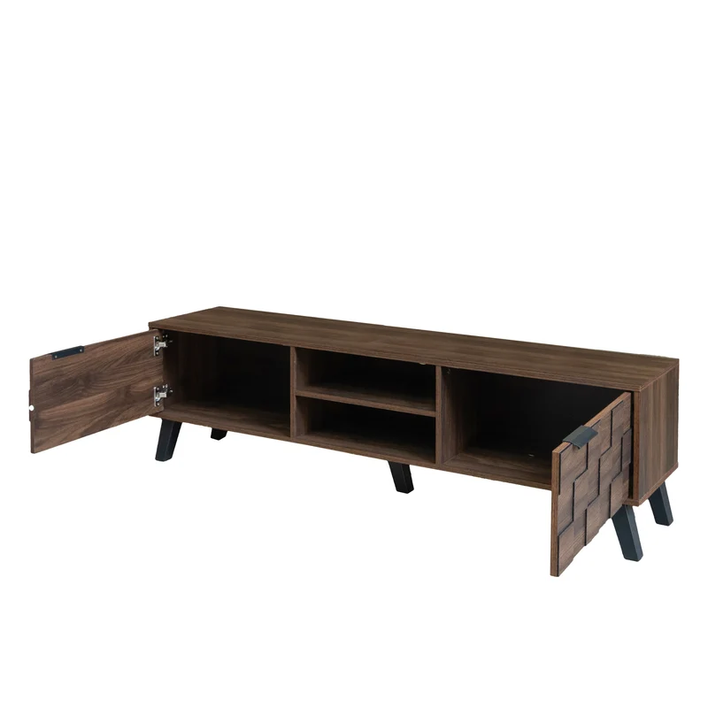 Meuble TV effet bois noyer 2 portes 2 niches design géométrique 160,5x35,5x45cm MASCON