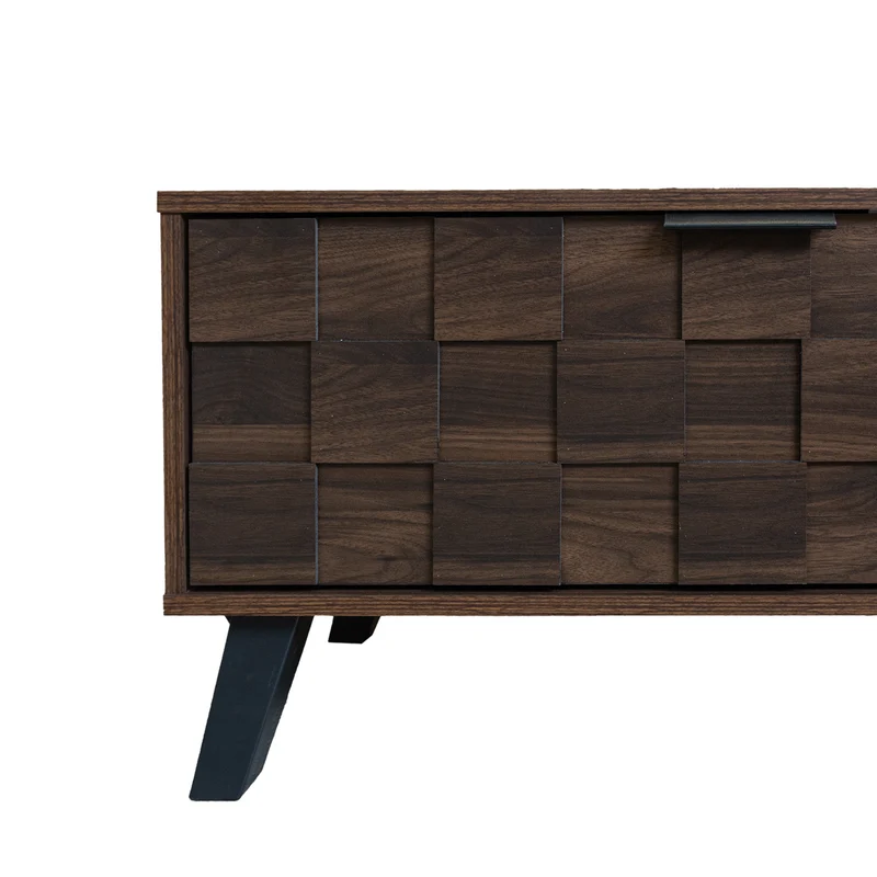 Meuble TV effet bois noyer 2 portes 2 niches design géométrique 160,5x35,5x45cm MASCON