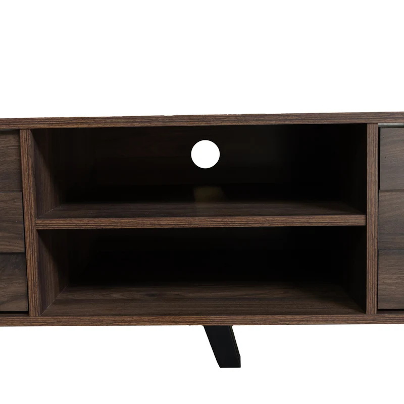 Meuble TV effet bois noyer 2 portes 2 niches design géométrique 160,5x35,5x45cm MASCON