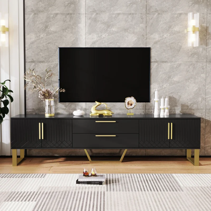 Meuble TV brillant noir 4 portes et accents dorés 170x40x53,5cm TRANSSAHAR