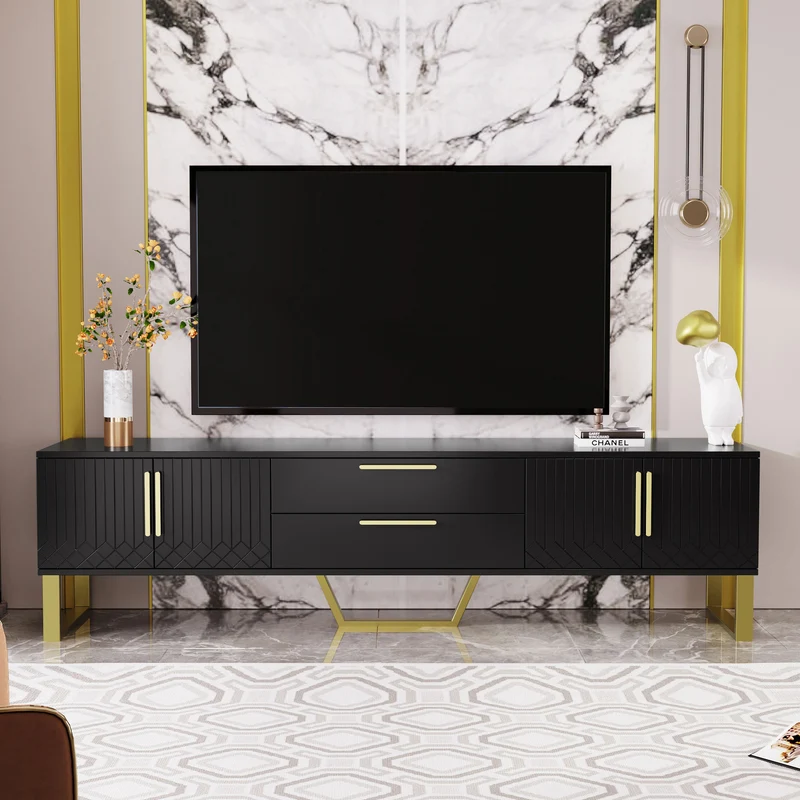 Meuble TV brillant noir 4 portes et accents dorés 170x40x53,5cm TRANSSAHAR
