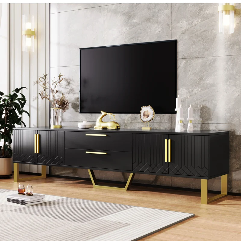 Meuble TV brillant noir 4 portes et accents dorés 170x40x53,5cm TRANSSAHAR