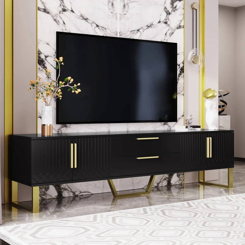 Meuble TV brillant noir 4 portes et accents dorés 170x40x53,5cm TRANSSAHAR
