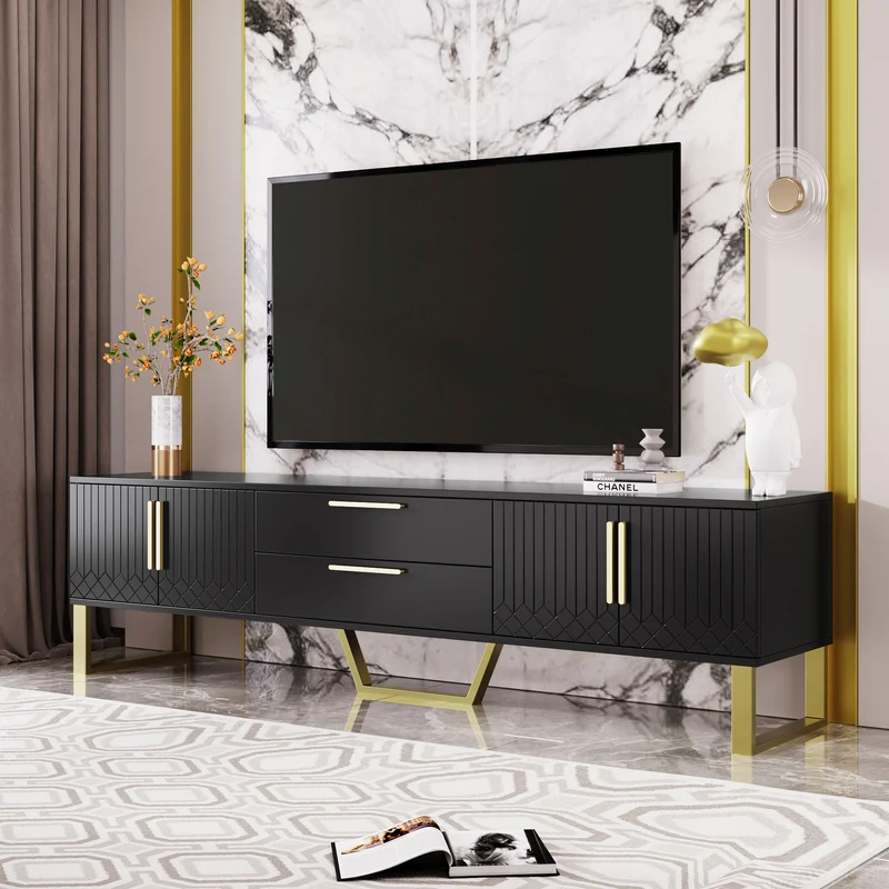 Meuble TV brillant noir 4 portes et accents dorés 170x40x53,5cm TRANSSAHAR