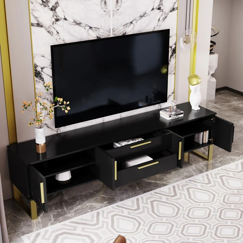 Meuble TV brillant noir 4 portes et accents dorés 170x40x53,5cm TRANSSAHAR