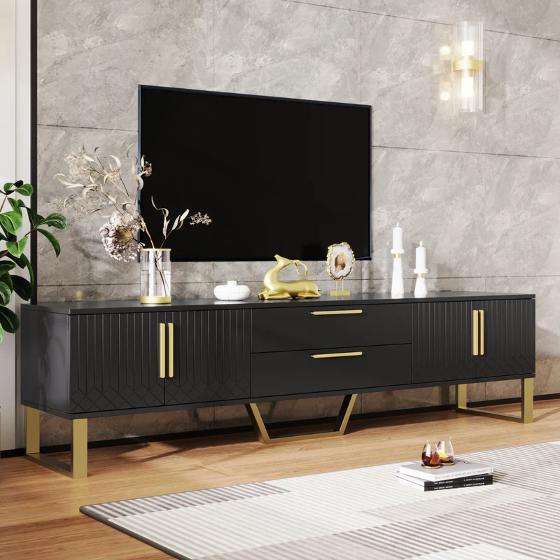 Meuble TV brillant noir 4 portes et accents dorés 170x40x53,5cm TRANSSAHAR
