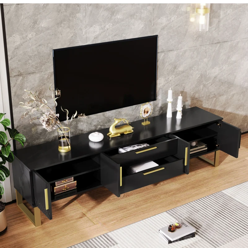 Meuble TV brillant noir 4 portes et accents dorés 170x40x53,5cm TRANSSAHAR