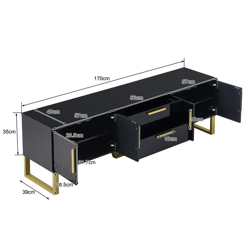 Meuble TV brillant noir 4 portes et accents dorés 170x40x53,5cm TRANSSAHAR